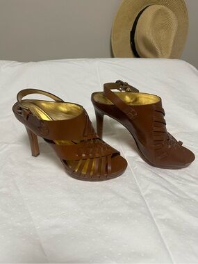 Coach Brown Leather Strappy High Heel Sandals with Gold Lining